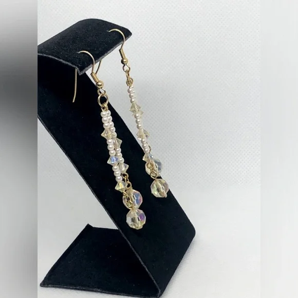 Hand Crafted Iridescent Beaded & Pearl Dangle Earrings - Picture 4 of 5